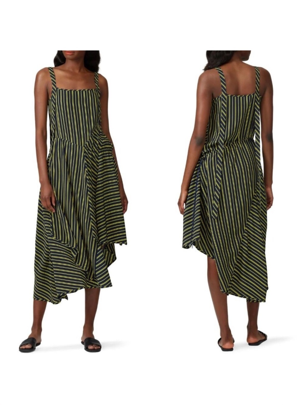 Nina Ricci Striped Asymmetric Trapeze Silk Blue Yellow Midi Dress